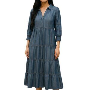 Chico's Blue Denim Maxi Dress-Long Sleeve-V-neck-Tiered Skirt-Elastic Sleeves